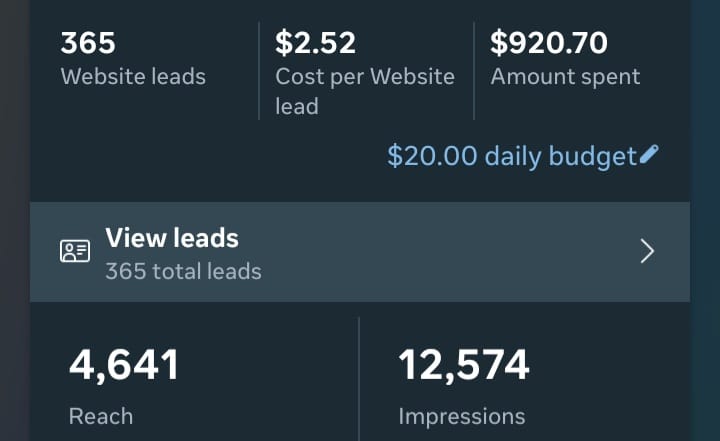 Meta ads result: 365 website leads at $2.52 per lead