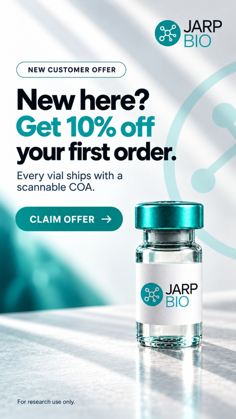 JARP Bio ad creative — new customer offer, 10% off with scannable COA