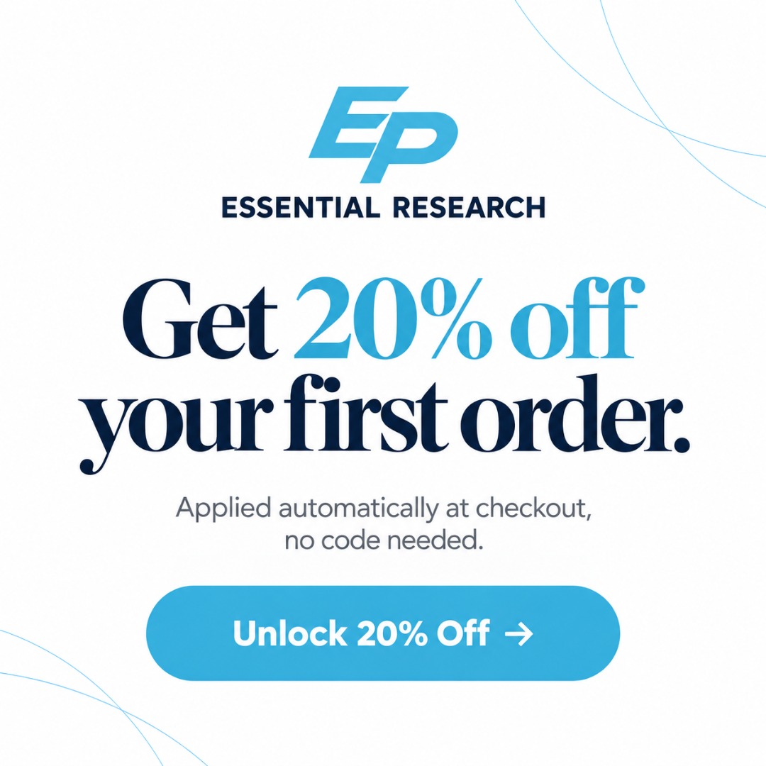 Essential Research ad creative — get 20% off your first order, unlock 20% off button