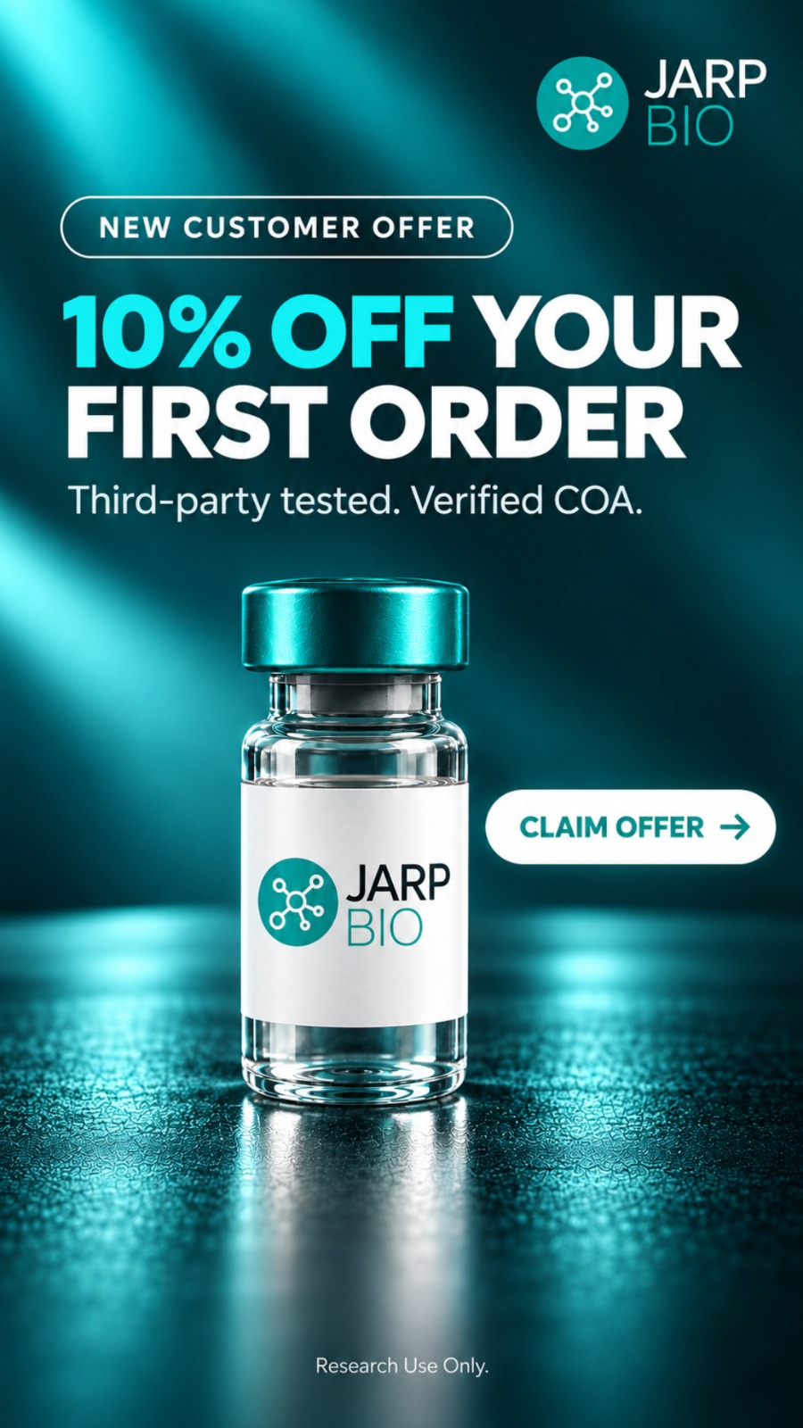 JARP Bio ad creative — 10% off your first order, new customer offer, claim offer button