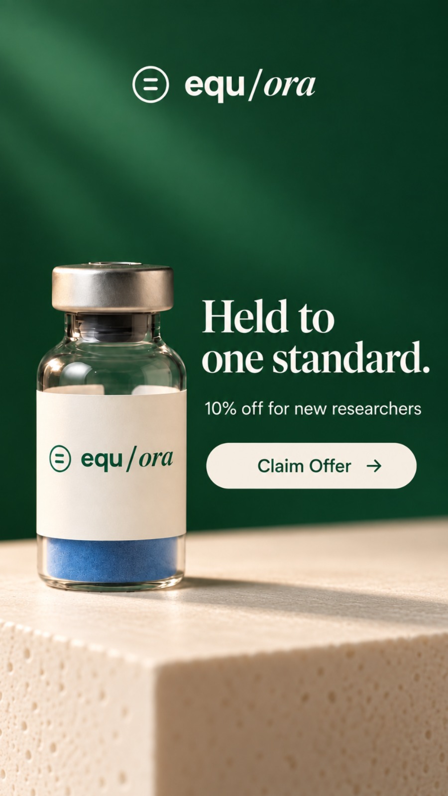 equ/ora ad creative — held to one standard, 10% off for new researchers